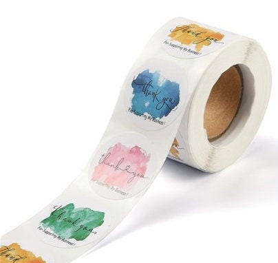 Colorful Stickers, 'Thank You For Supporting My Business', Watercolor Paint Design, 1.5 inches Wide, Packaging, Labels, Bulk quantities