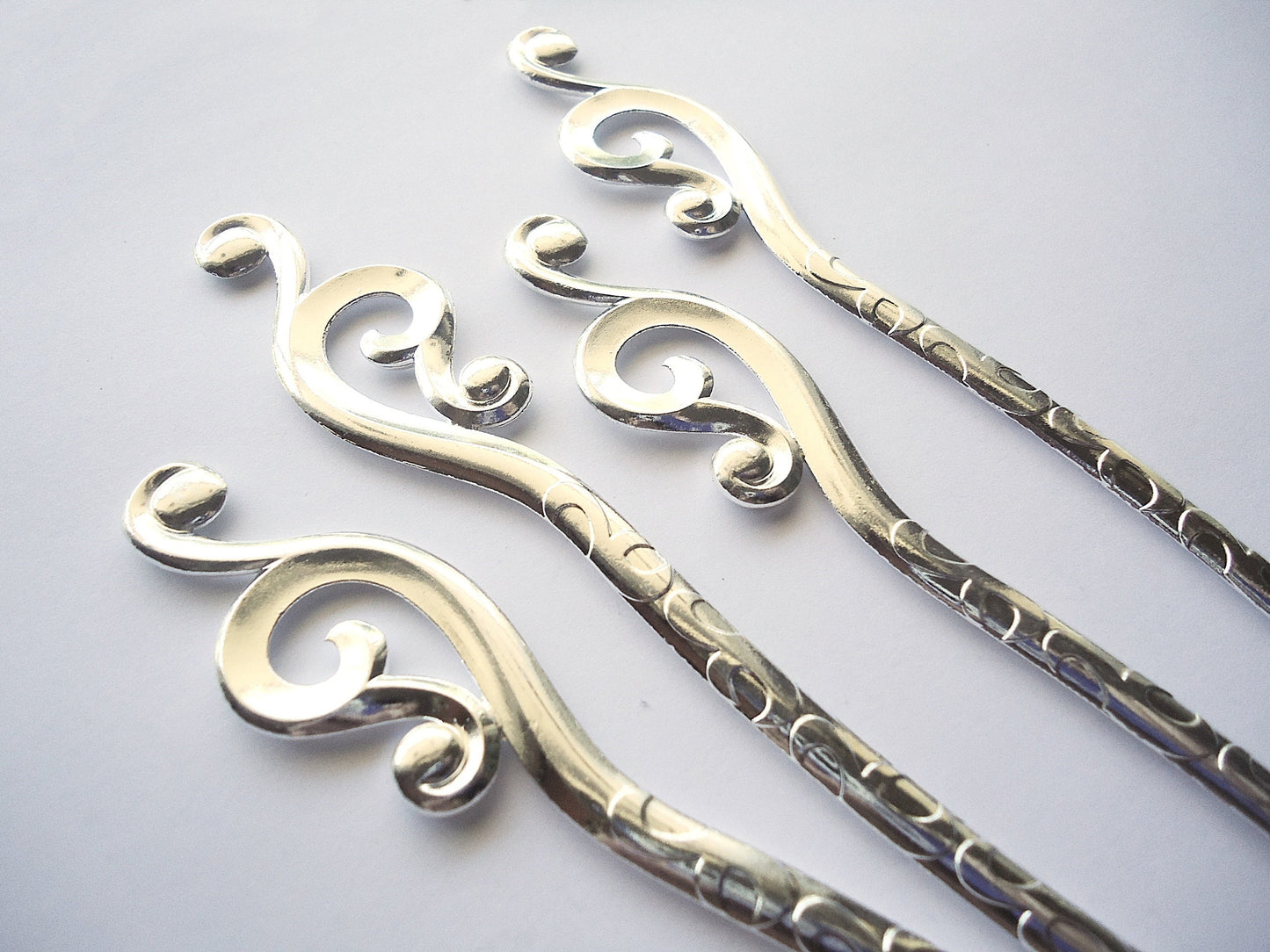 Metal Hair Sticks with Large Swirls - Bright Silver - 6.25" Long