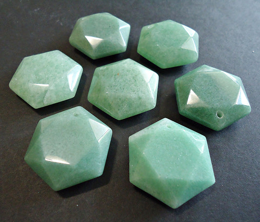 Natural Green Aventurine Faceted Hexagon Pendant - 28mm Tall x 25mm Wide x 9.5mm Thick