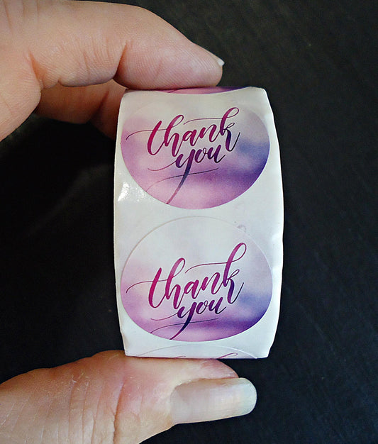 Stickers, 'Thank You', Purple Cloud Background, 1 inch Wide, Packaging, Labels, Bulk quantities