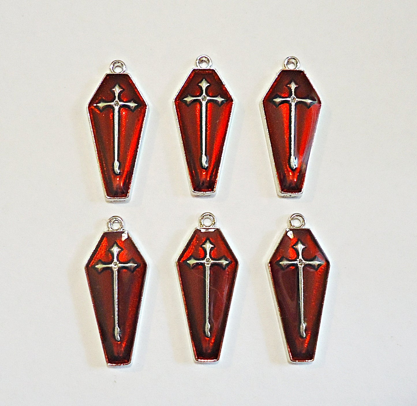 Coffin Charms / Pendants, Enameled Red and Silver or Gold, 26mm Tall, Halloween Theme, Set of 5