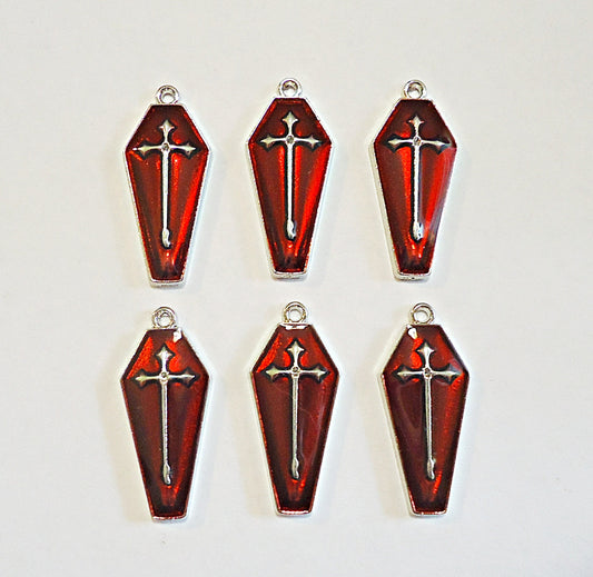 Coffin Charms / Pendants, Enameled Red and Silver or Gold, 26mm Tall, Halloween Theme, Set of 5
