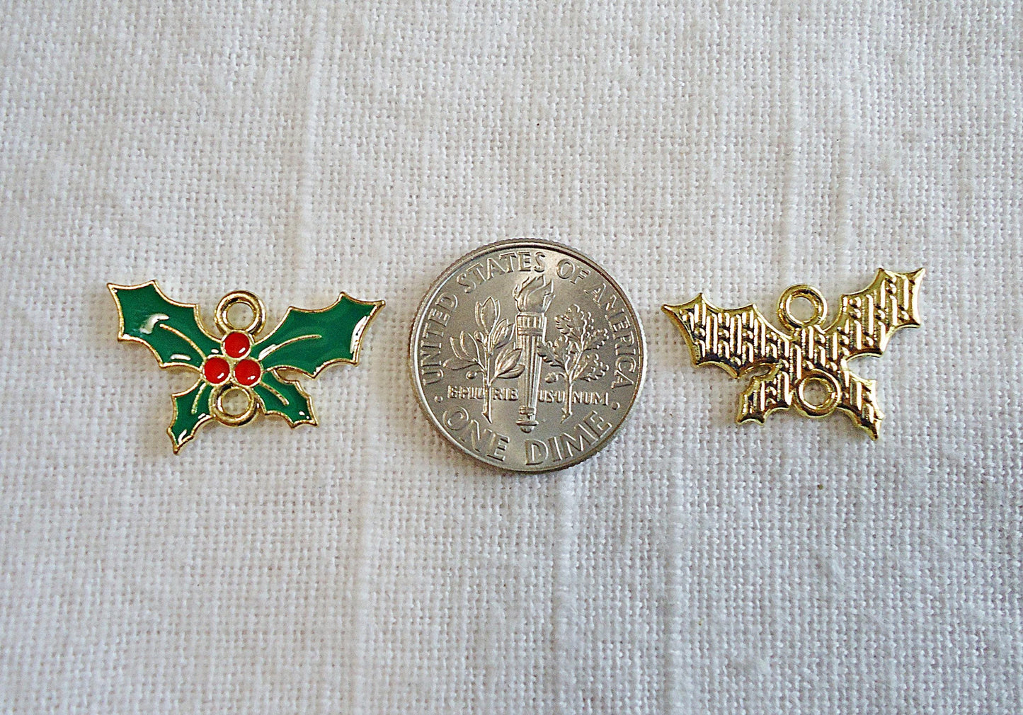 Holly Leaf Links, Christmas Charm, Enameled Green Red Gold