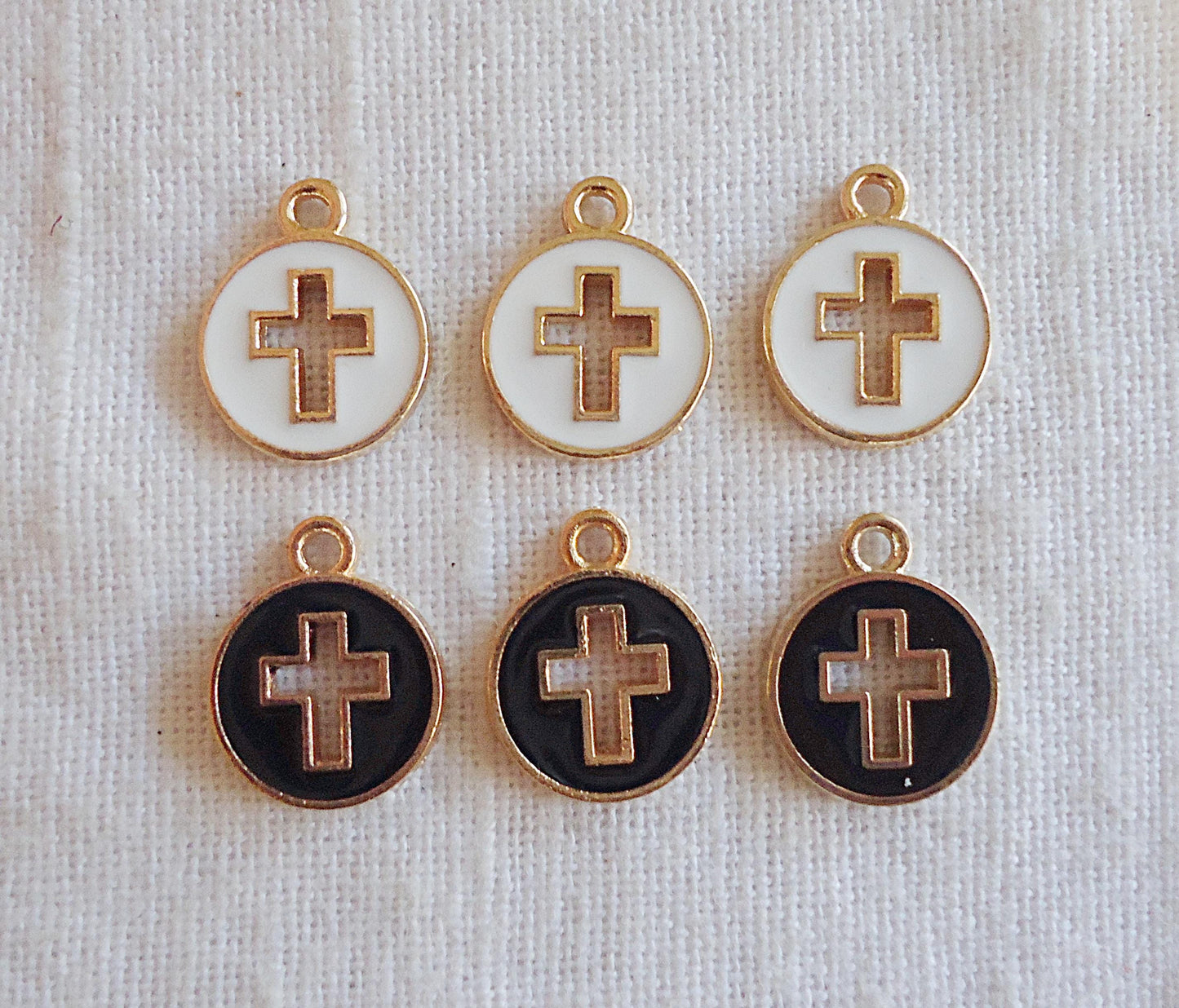 Small Round Cross Charms, Gold, Black or White Enameled, 12mm Wide