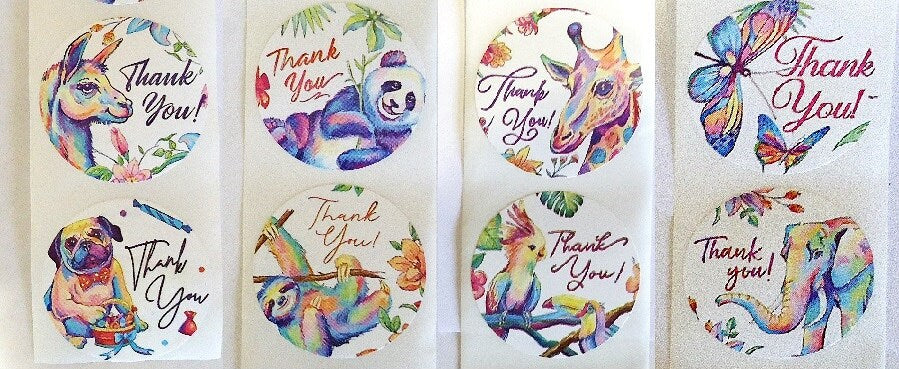500 Thank You Stickers, 8 Colorful Animals, 1 inch Wide, Packaging, Labels, Sloth, Panda, Giraffe, Butterfly, Llama, Elephant, Bird, Pug,