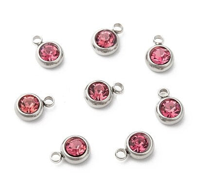 Small Stainless Steel Birthstone Charms - 6mm - Set of 12 - Glass Rhinestones, Hypoallergenic, Non-Tarnishing