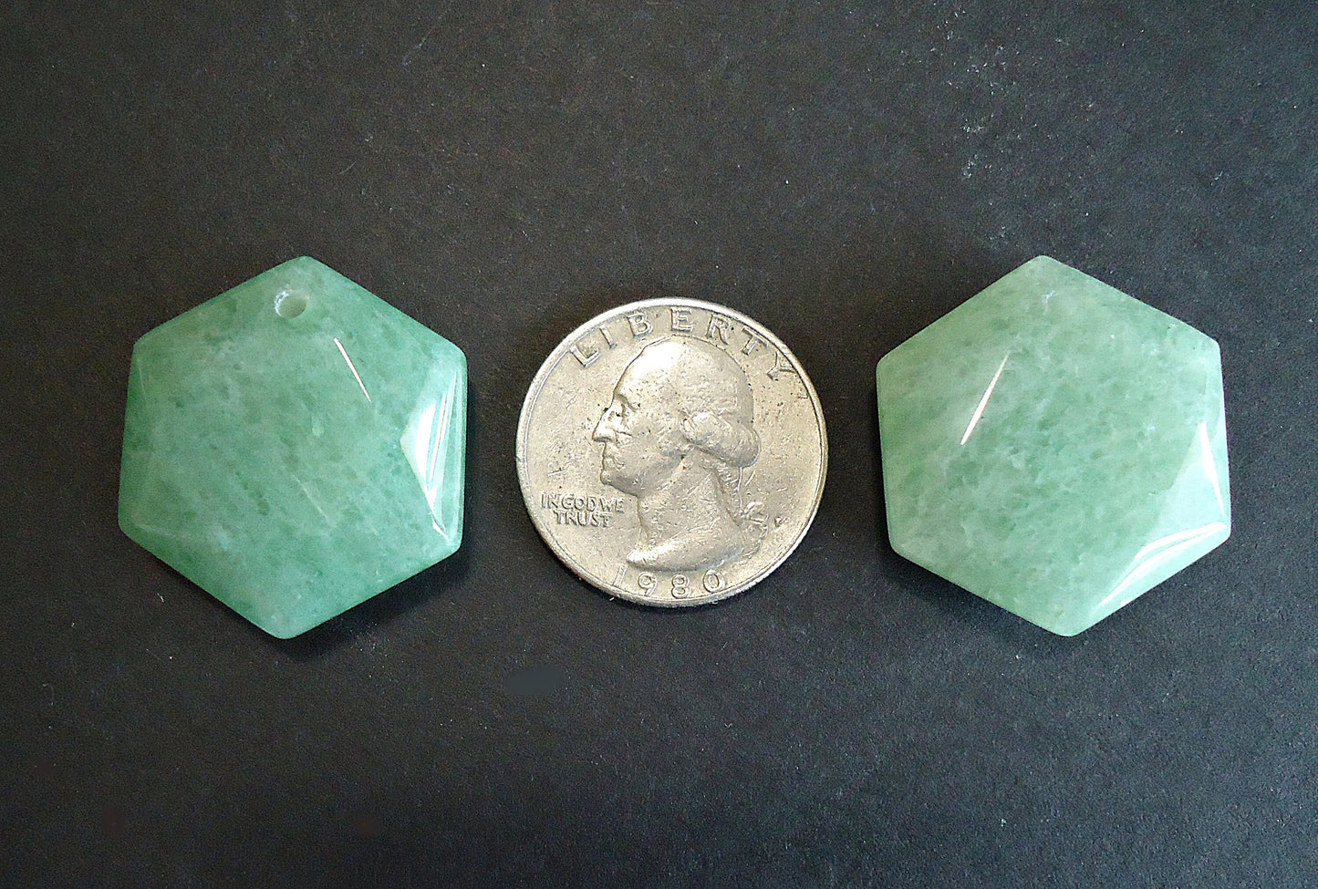 Natural Green Aventurine Faceted Hexagon Pendant - 28mm Tall x 25mm Wide x 9.5mm Thick