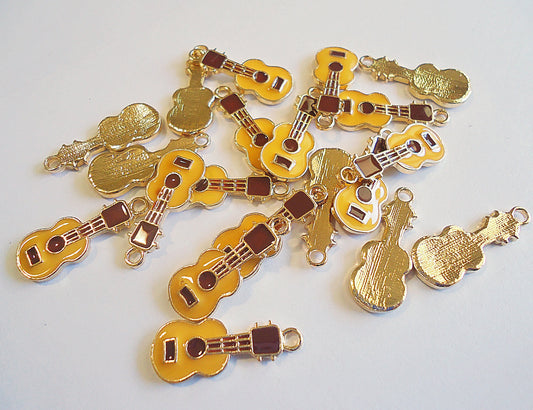 Guitar Pendant Charms, Enameled, Light Gold, 23mm Tall x 9mm Wide, Set of 10