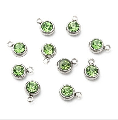 Small Stainless Steel Birthstone Charms - 6mm - Set of 12 - Glass Rhinestones, Hypoallergenic, Non-Tarnishing