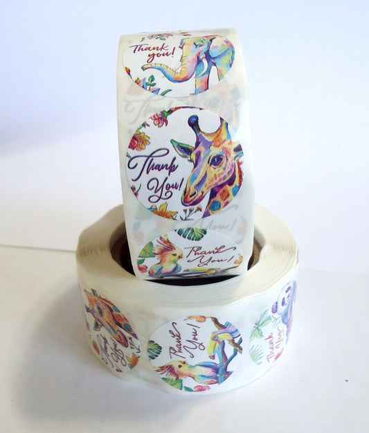500 Thank You Stickers, 8 Colorful Animals, 1 inch Wide, Packaging, Labels, Sloth, Panda, Giraffe, Butterfly, Llama, Elephant, Bird, Pug,