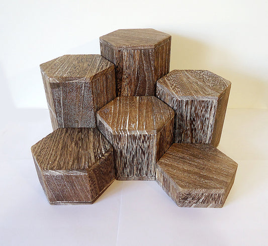 Wooden Hexagon Risers, Weathered Brown, 3.5" Across, 1" - 6" Heights