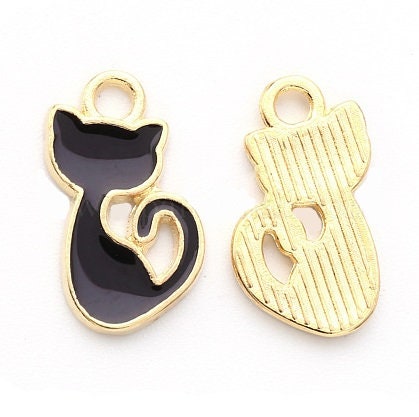 Small Black Cat Charms, Black Enamel and Gold Plating, 15mm, Set of 10