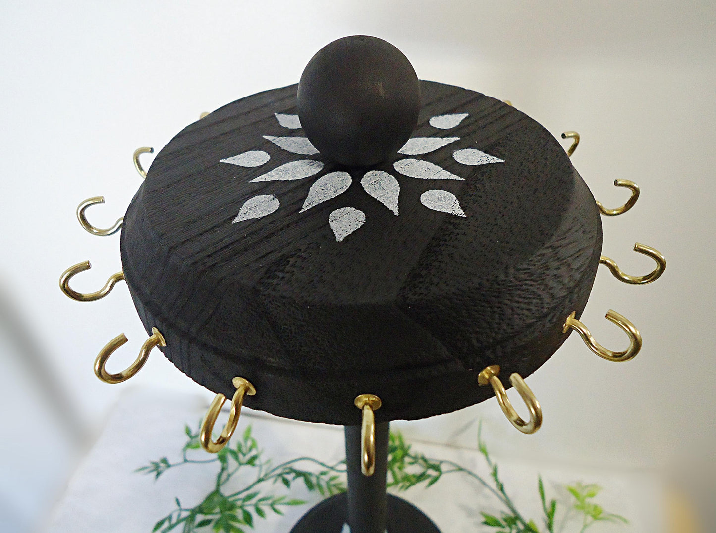 Rotating Necklace Storage, Display, Black, Wooden, 16 Hooks, 14.5" Tall, White Flower Stencil