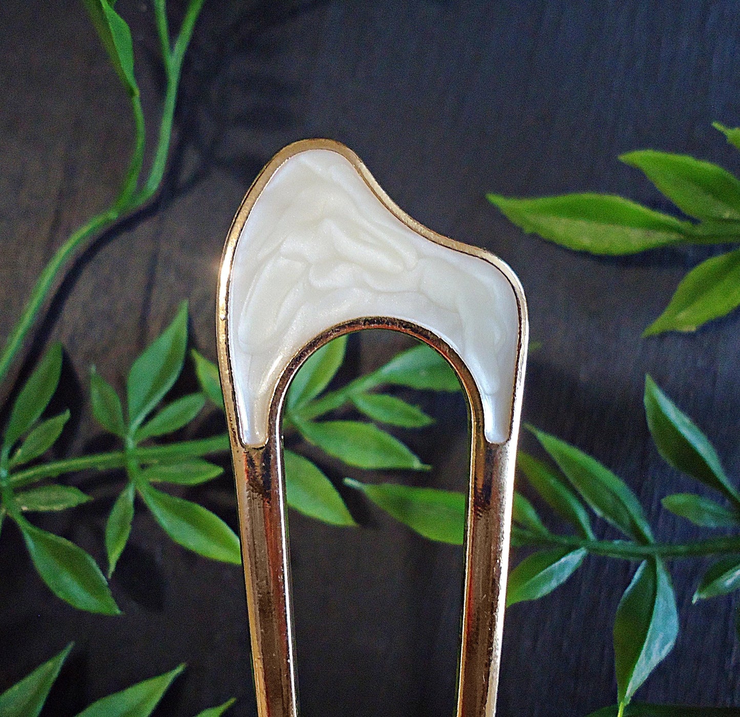 Faux Mother of Pearl Double Hair Stick, Hair Fork, Gold Plated Metal Alloy, 4.25" Long, Resin Swirl, Gold Swirl, Smooth White, Pale Pink