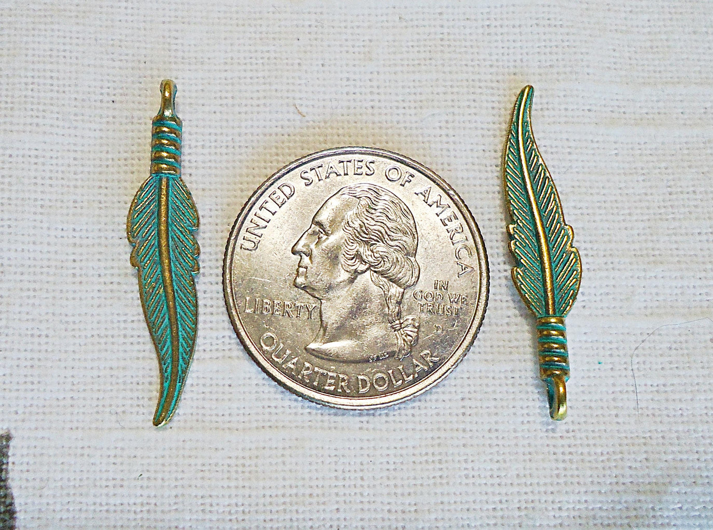 Feather Charms, Green Patina and Gold, 1.25" Long, Bulk Quantities