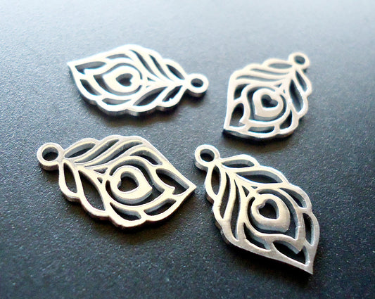 Small Stainless Steel Peacock Feather Charms - 18mm x 11mm