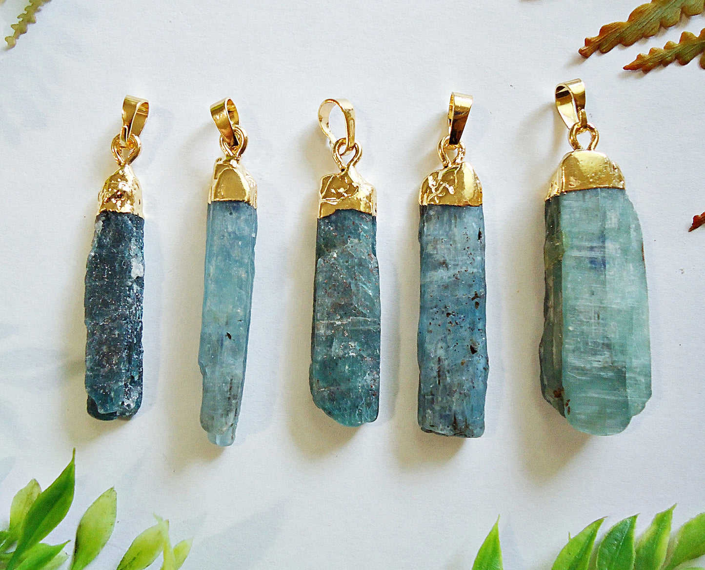 Natural Kyanite Pendants, 2" Tall, Gold Plated Bails, Aquamarine Color