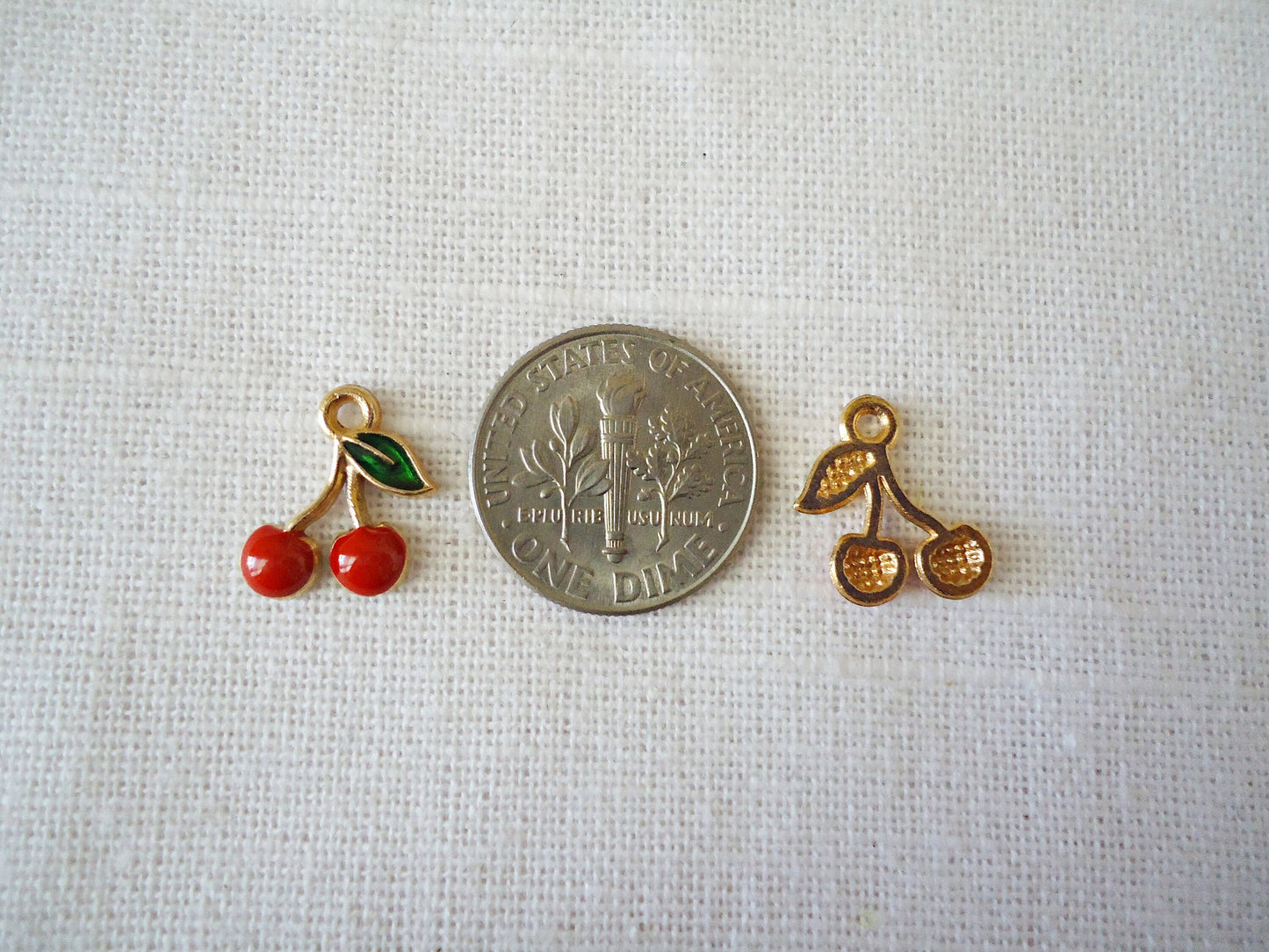 Small Red Cherry Charms, Red Enameled and Light Gold, 1/2" Tall, Set of 10
