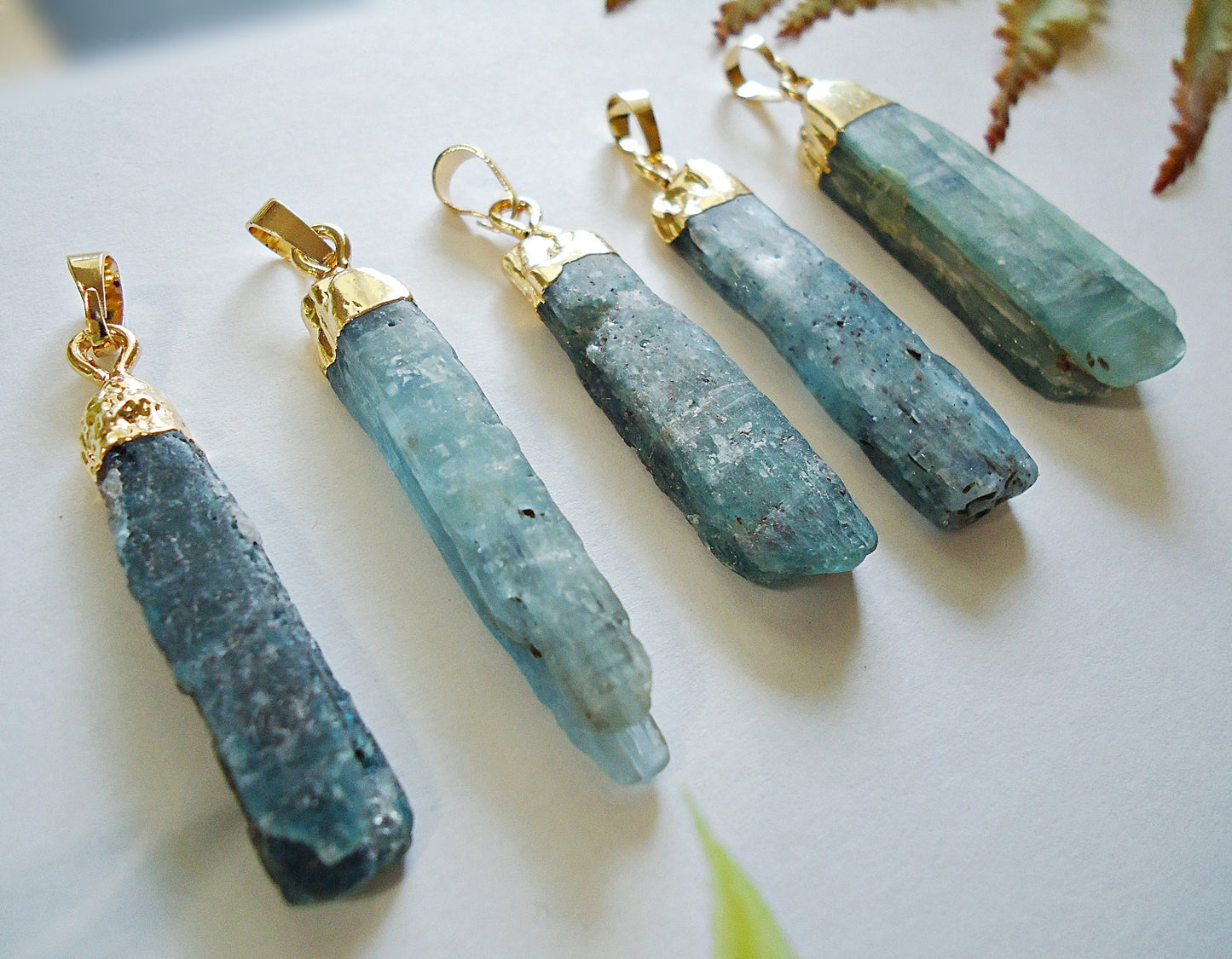Natural Kyanite Pendants, 2" Tall, Gold Plated Bails, Aquamarine Color