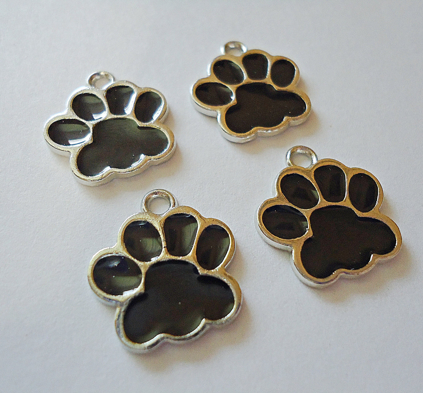 Black and Silver Enameled Paw Print Charms - 17mm Tall - Set of 10