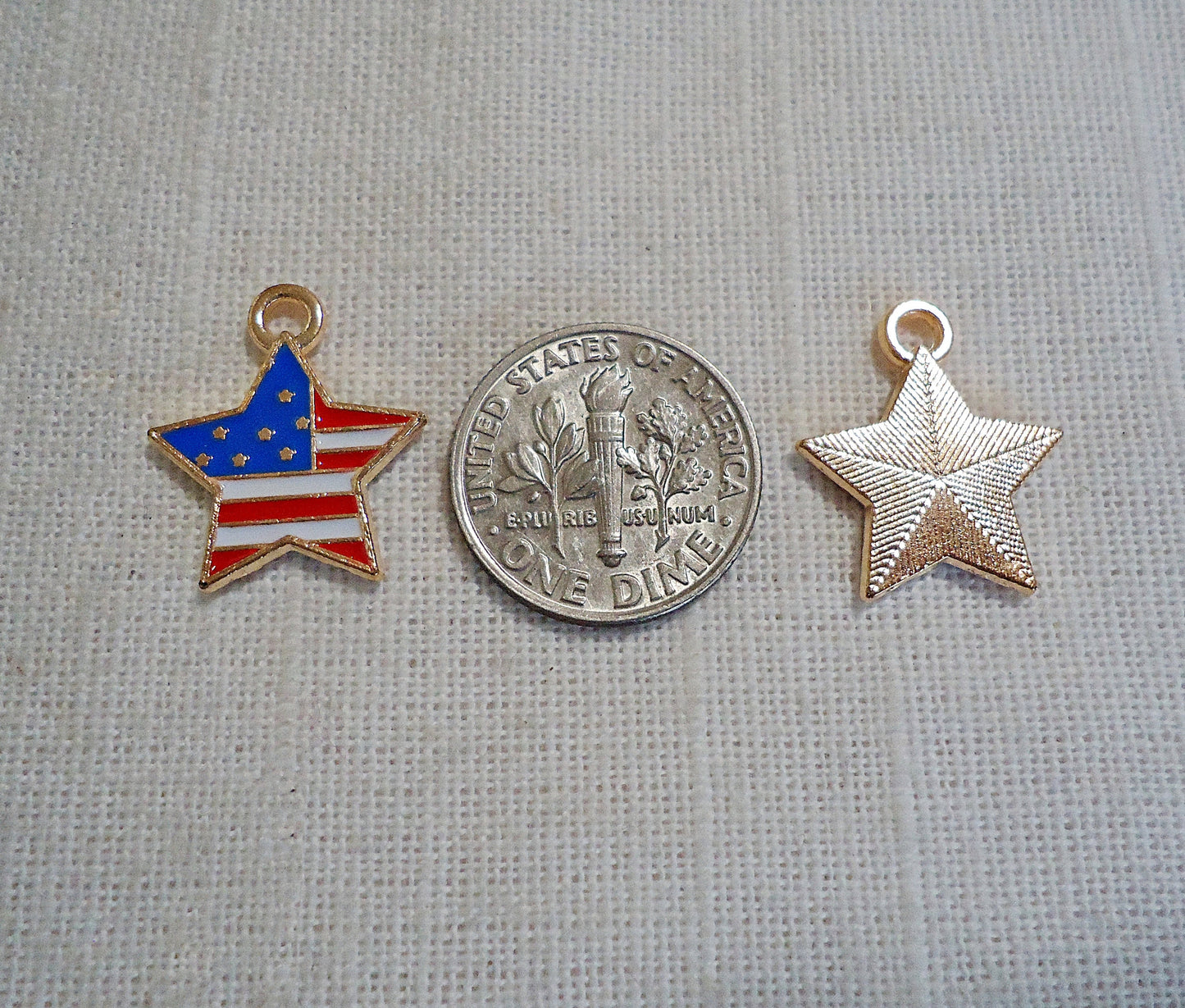 American Flag Star Charms, Enameled Red White Blue, Gold Plated, 5/8" Wide, Set of 10