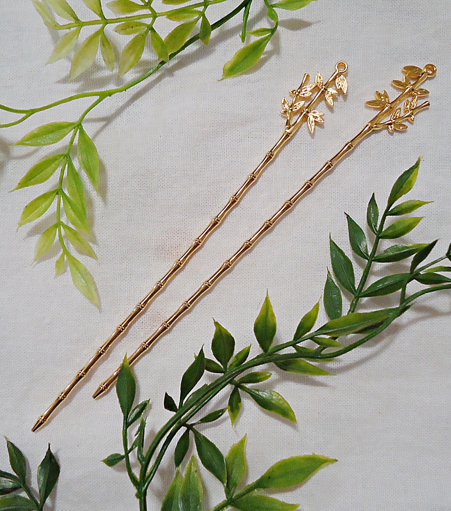 Bamboo Stem and Leaves Metal Hair Stick Blanks, 5.5 Inches Long, Bright Silver or Gold, Loop on Top for adding embellishments