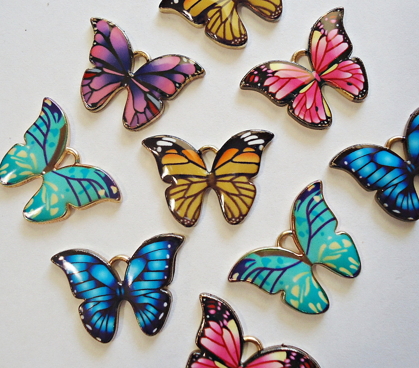 Butterfly Charms / Pendants, Blue, Pink, Yellow, Purple, Light Gold, Enameled, 7/8" W x 5/8" Tall