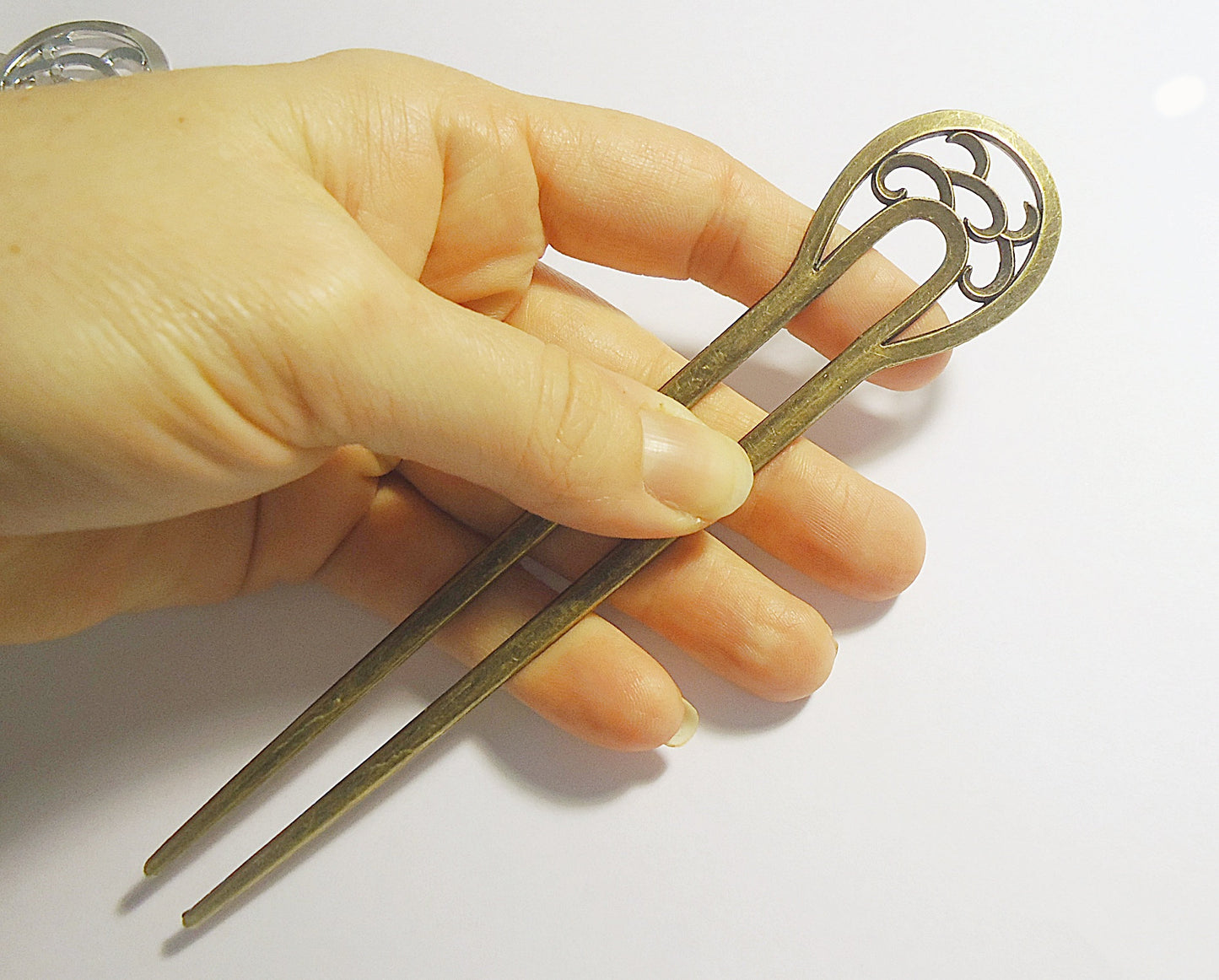 Metal Alloy Hair Sticks Filigree U-Shape Hair Pick, Hair Fork, Antique Silver or Antique Bronze, 6" Long