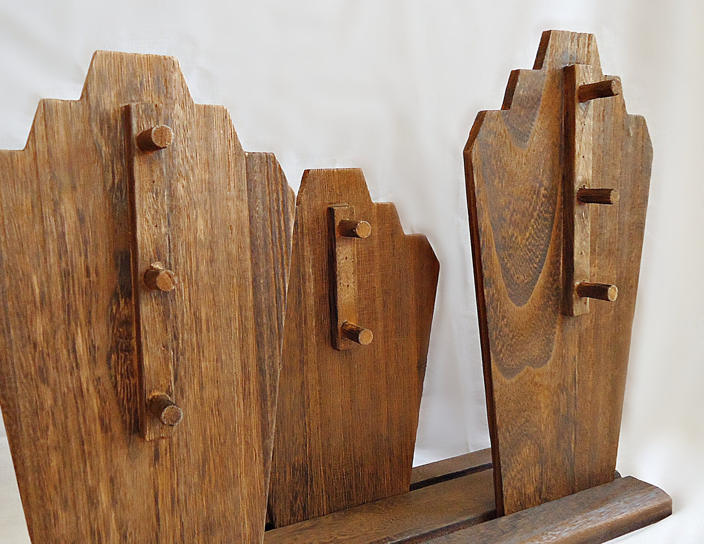 Set of 3 Wooden Necklace Displays with Base Board - 17" Wide, 12" Tall, 11" Tall, 9" Tall, Brown Finish, White Flower Stencil
