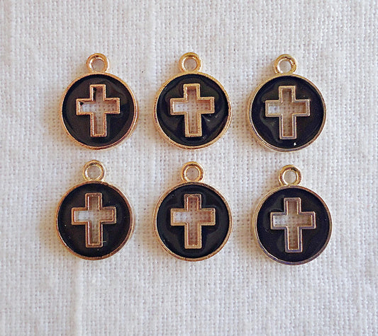 Small Round Cross Charms, Gold, Black or White Enameled, 12mm Wide