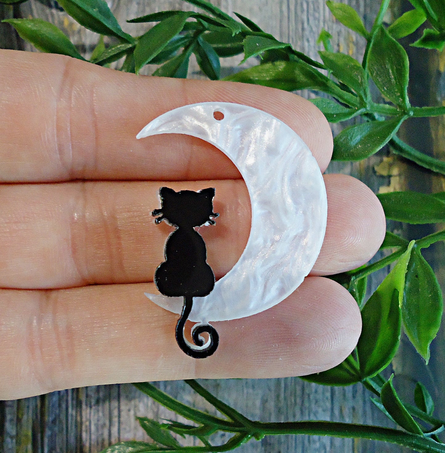 Black Cat in the Moon, Imitation Mother of Pearl, Pendant Charm, Acrylic, 1.5" Tall