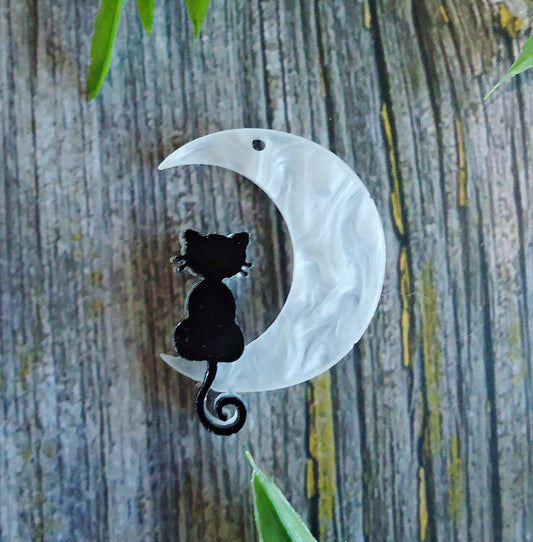 Black Cat in the Moon, Imitation Mother of Pearl, Pendant Charm, Acrylic, 1.5" Tall