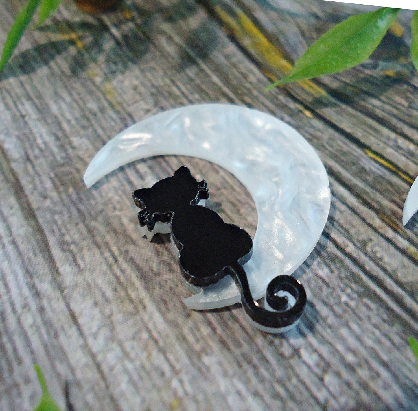 Black Cat in the Moon, Imitation Mother of Pearl, Pendant Charm, Acrylic, 1.5" Tall