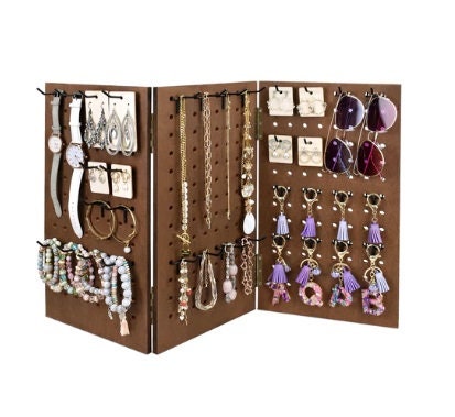 Large Heavy Duty Tri-Fold Display, Wooden, 48 Peg Hooks, Pegboard, Tabletop or Wall Mount, Jewelry, Keychain Display, 27.25" x 16"