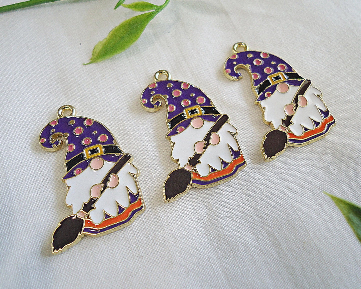 Halloween Gnome Charms, Witch Gnome Pendants, Broom Riding Gnome, Purple Orange White, 1 1/8" Tall