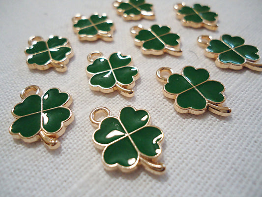 Four Leaf Clover Charms, Green Enameled and Light Gold, 1/2" Wide, Set of 10
