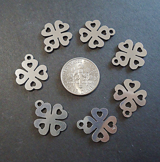 Stainless Steel Shamrocks, Four Leaf Clover Charms, 18mm x 15mm, Set of 10