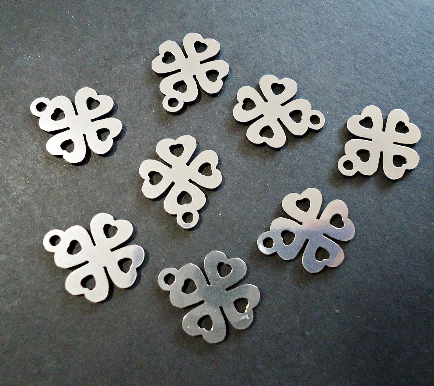 Stainless Steel Shamrocks, Four Leaf Clover Charms, 18mm x 15mm, Set of 10