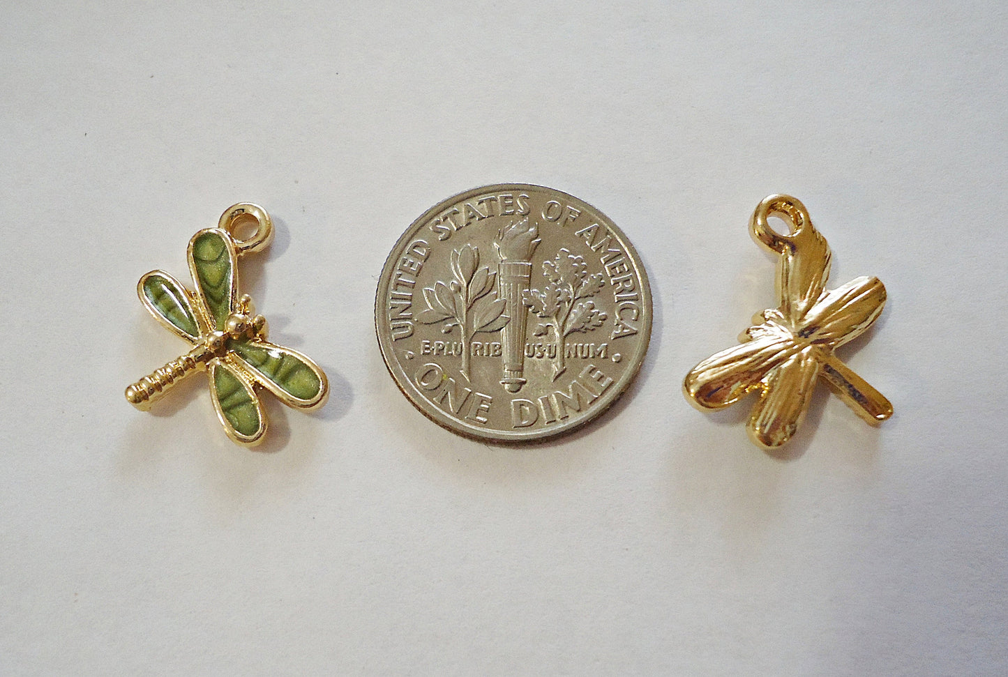 Small Dragonfly Charms, Gold and Enameled Green, 15mm, Set of 10