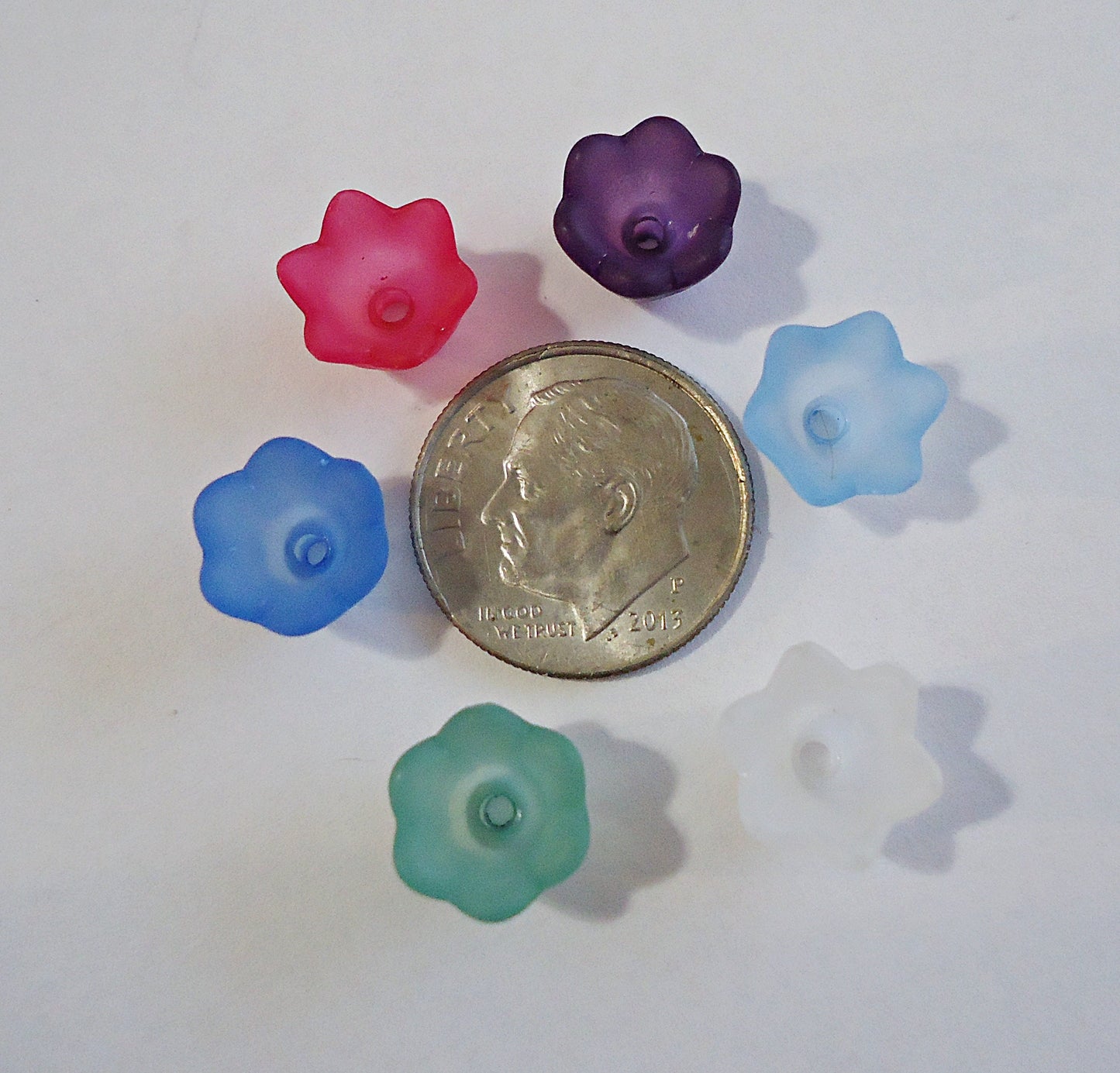 Frosted Acrylic Flower Bead Caps, 10x6mm, Sea Foam Green, Blue, Purple, Magenta Pink, White, Brown, Lily of the Valley, Tulip, Set of 50