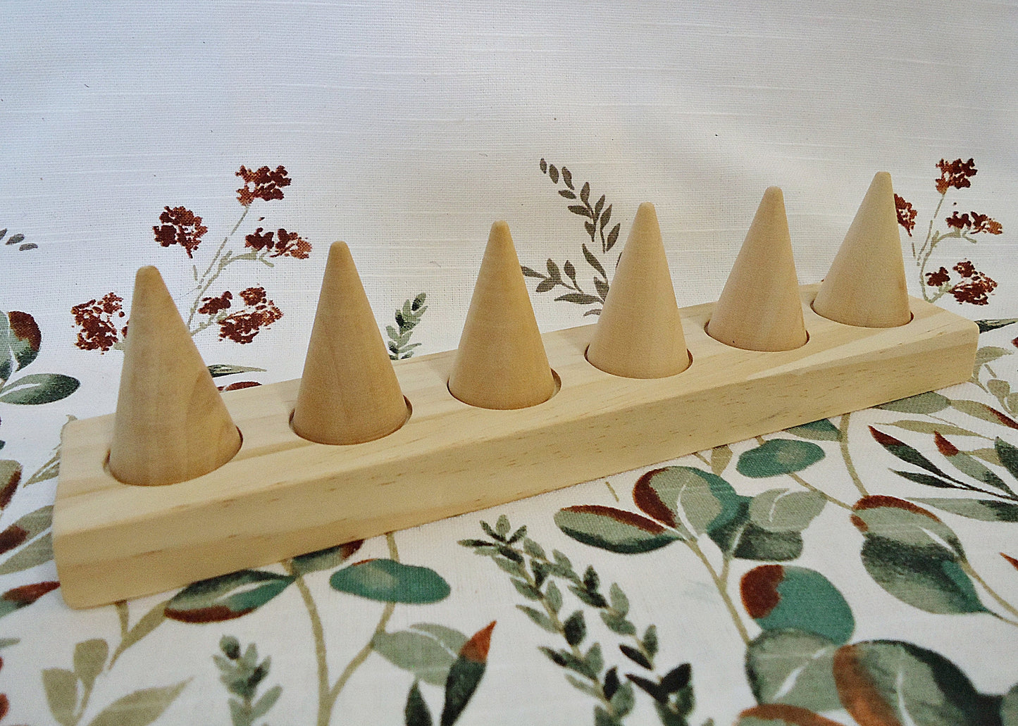 Set of 6 Wood Ring Cones with Base, Natural Unfinished Wood
