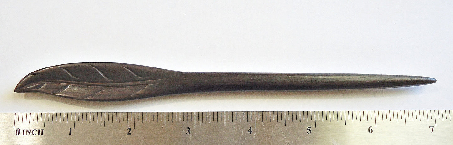 Carved Wooden Leaf Hair Stick, Dark Brown, 7" long