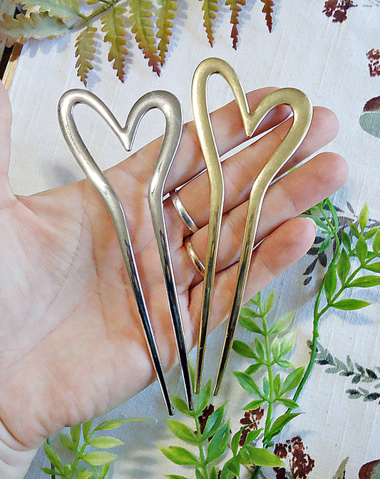Metal Hair Stick, Double Hair Stick, Bun Holder, Heart, Simple, Hair Fork, Gold and Silver, 5.25" Long