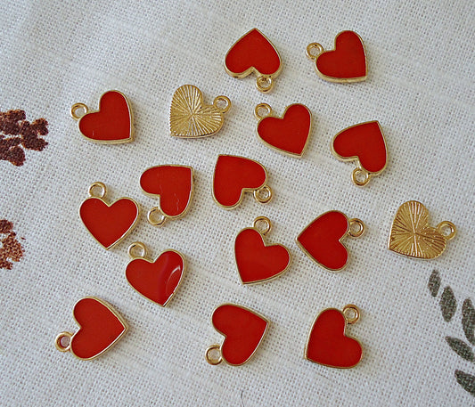 Small Red Heart Charms, Red Enameled and Light Gold, 1/2" Wide, Set of 10