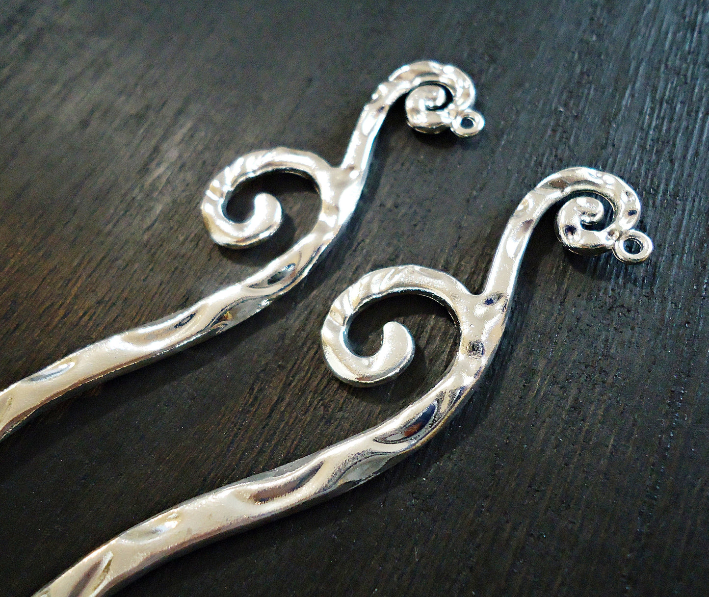 Hammered Metal Hair Sticks with Large Swirls and Loop - Bright Silver - 7" Long