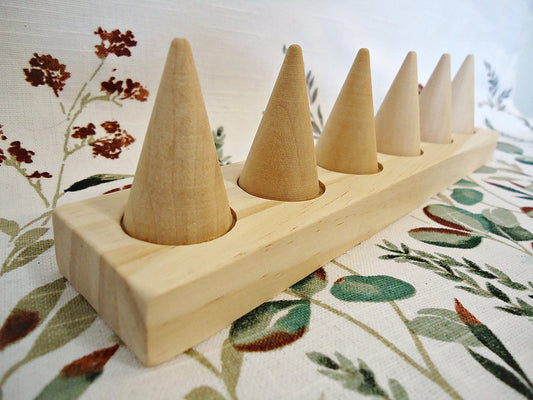 Set of 6 Wood Ring Cones with Base, Natural Unfinished Wood