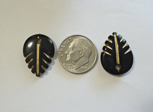 Acrylic Black Leaf Beads with Gold Enlaced Details, 20mm Tall, Set of 20