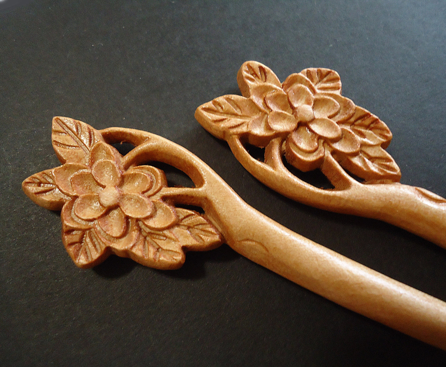Seven Inch Sturdy Wooden Hair Sticks, Carved, Leaves, Flowers, Celtic Knots, Calla Lilies, Light Color Wood