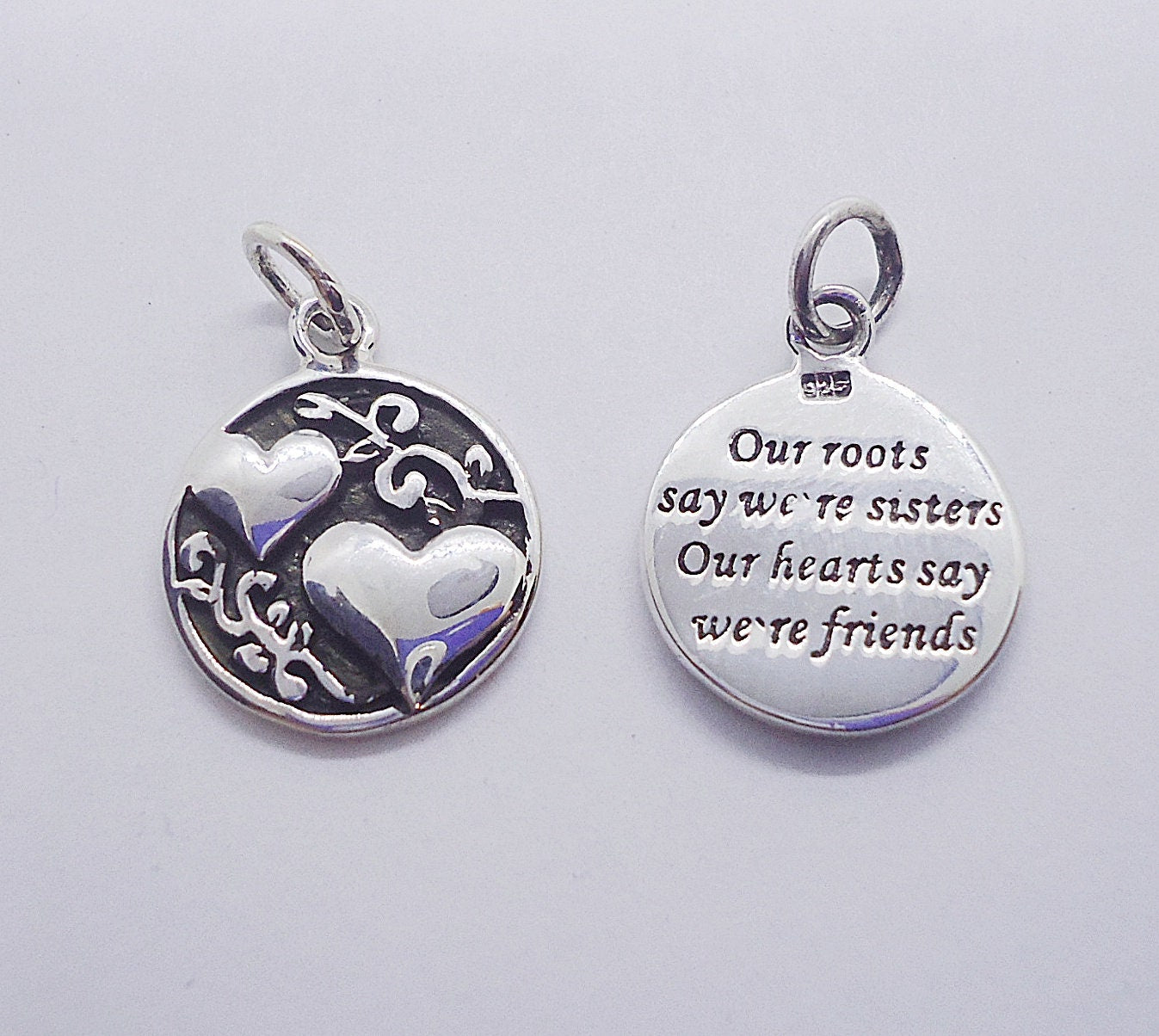 Small Sterling Sisters Charm / Pendant with Hearts, 14mm Wide, "Our roots say we're sisters, Our hearts say we're friends", Double sided