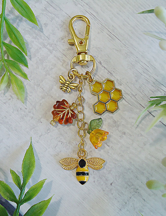Honeycomb, Bees, and Flowers Bag Charm